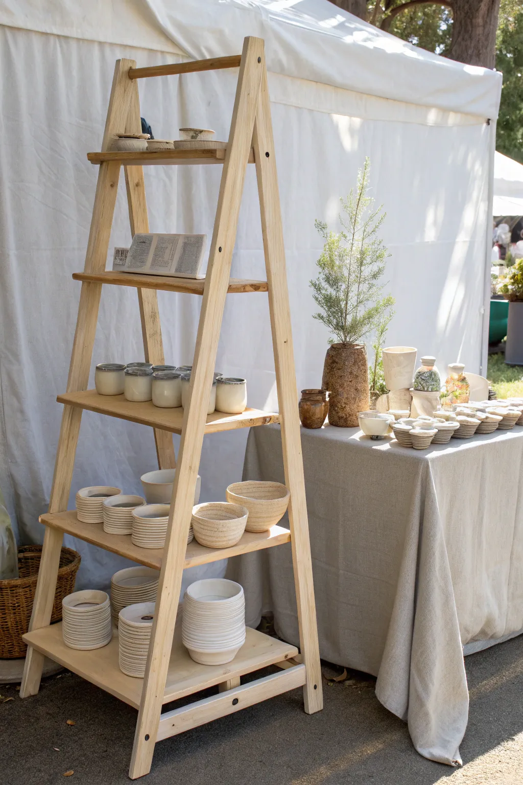 Ladder shelf display adds airy vertical height for a minimalist, portable pottery booth.