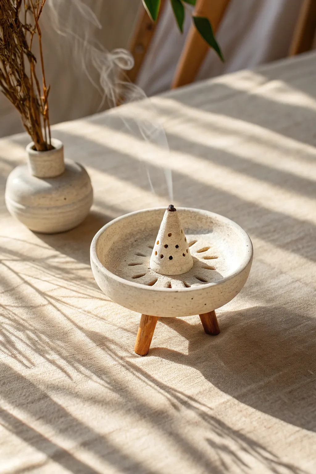 Simple tripod feet elevate a tiny ceramic holder with crisp shadows and calm Scandinavian style