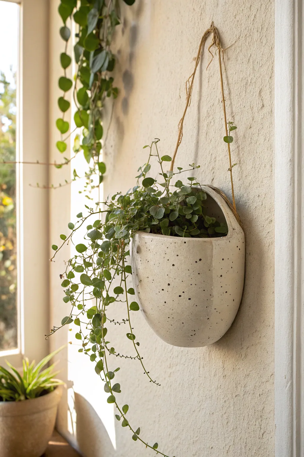 Minimal slab-built wall pocket planter with a trailing vine, perfect for small-space greenery.