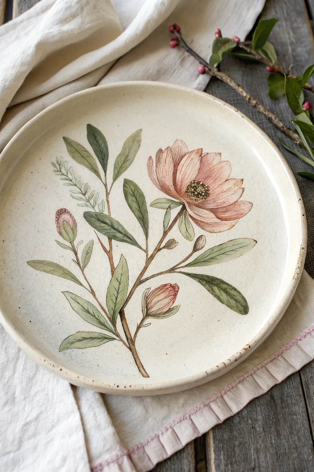 Vintage botanical flower plate painting idea: simple bloom, bud and leaves in soft neutrals.