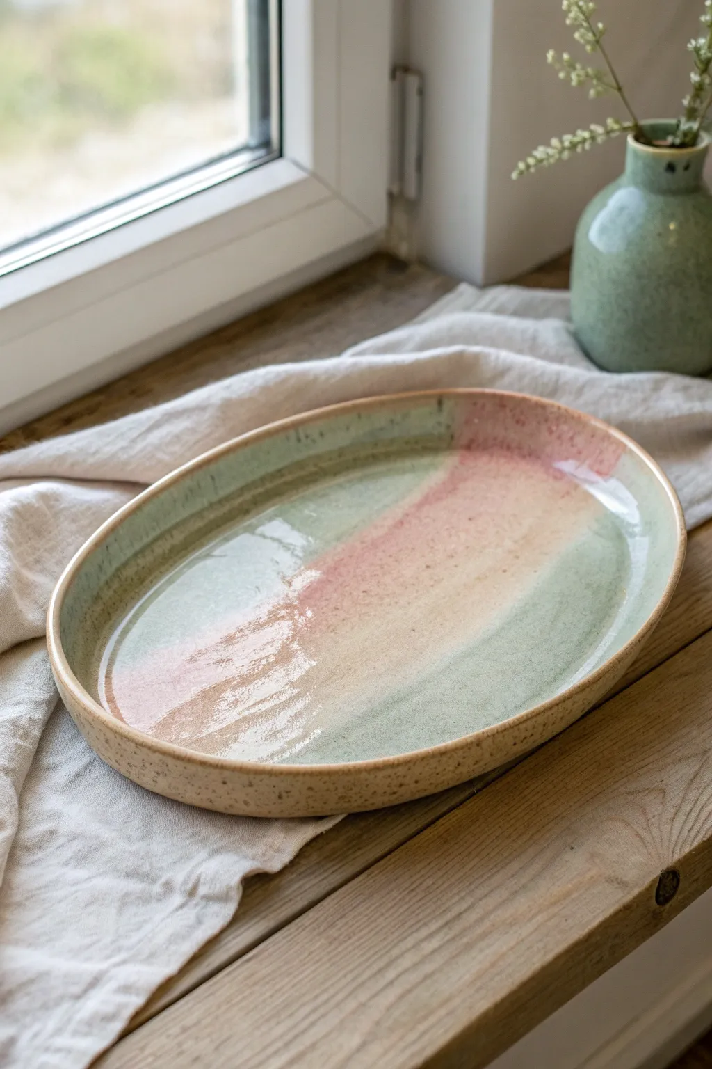 Dreamy underglaze wash platter with soft watercolor gradients under a clear glossy glaze
