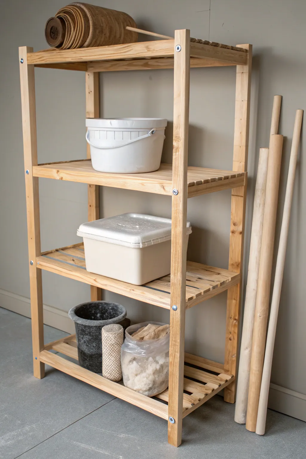 Compact damp storage shelving keeps works in progress moist, tidy, and ready for the next session.