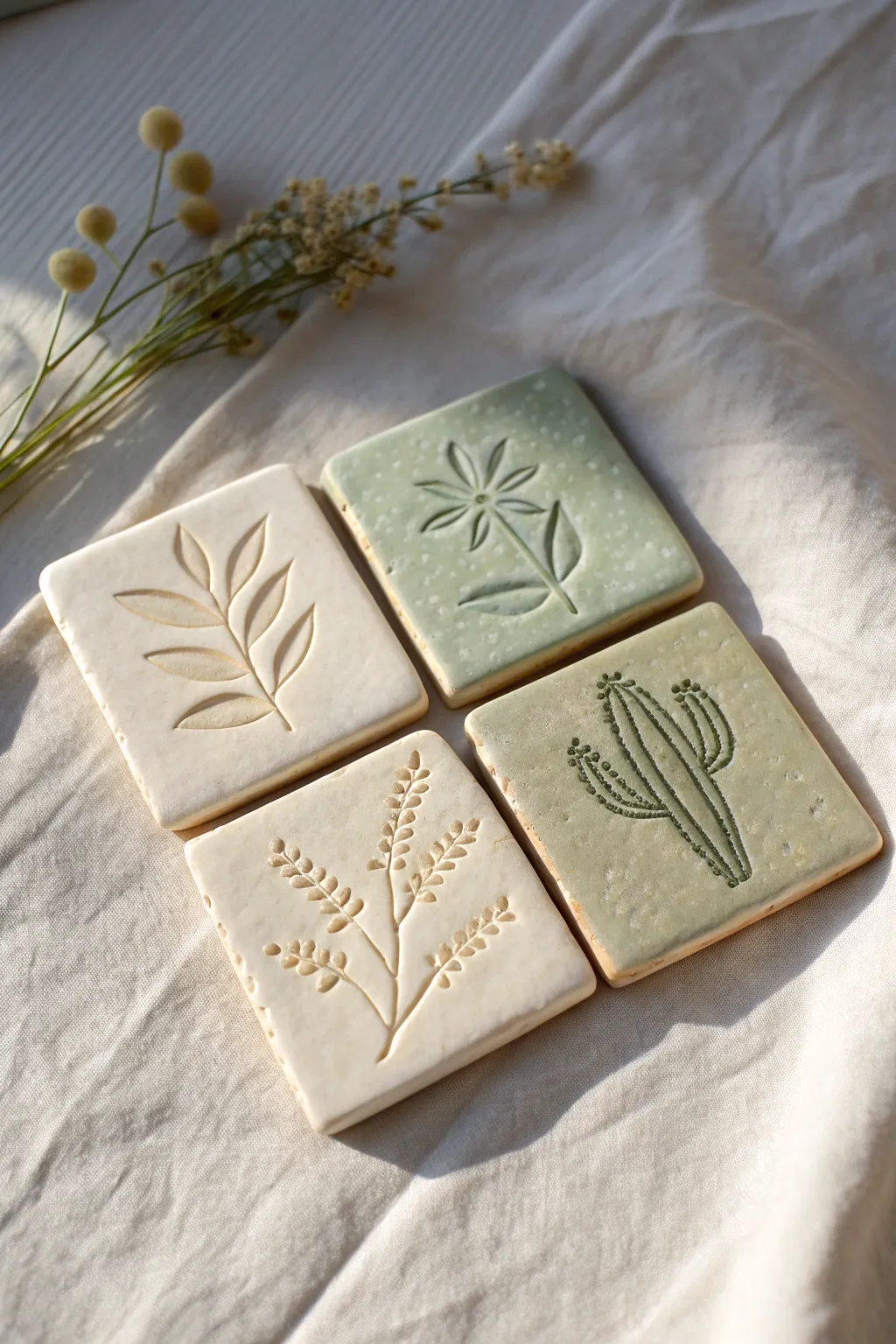 Tiny houseplant pottery tiles in a soft modern palette, minimal, cozy, and handmade