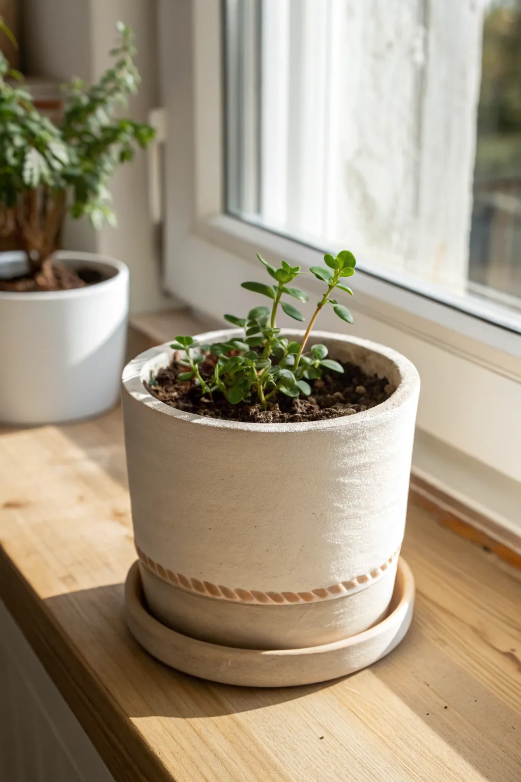 Minimal air dry clay planter sleeve turns a nursery pot into soft, Scandinavian-style decor.