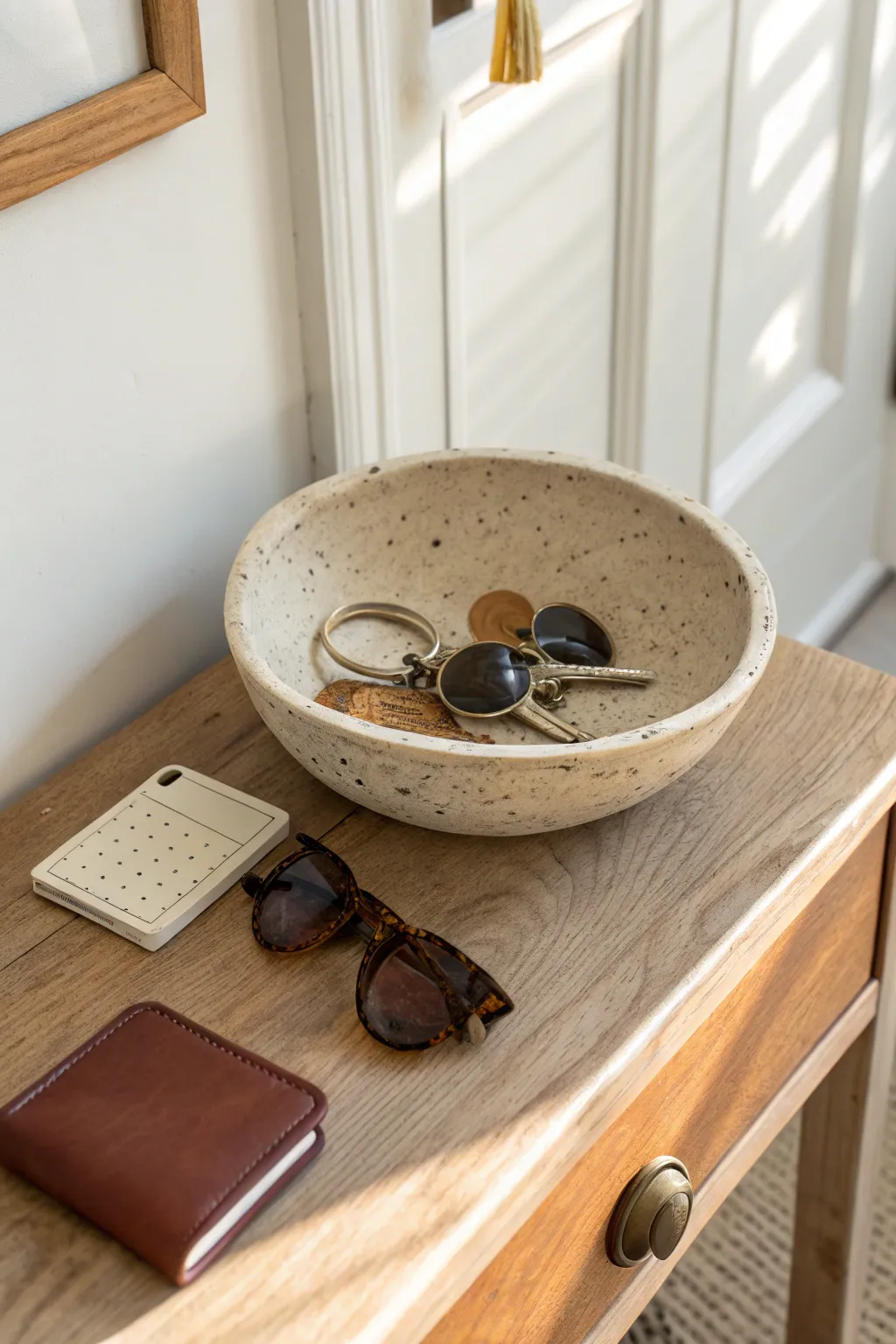 Minimalist entryway key catchall: a handmade clay bowl that keeps keys and essentials tidy.