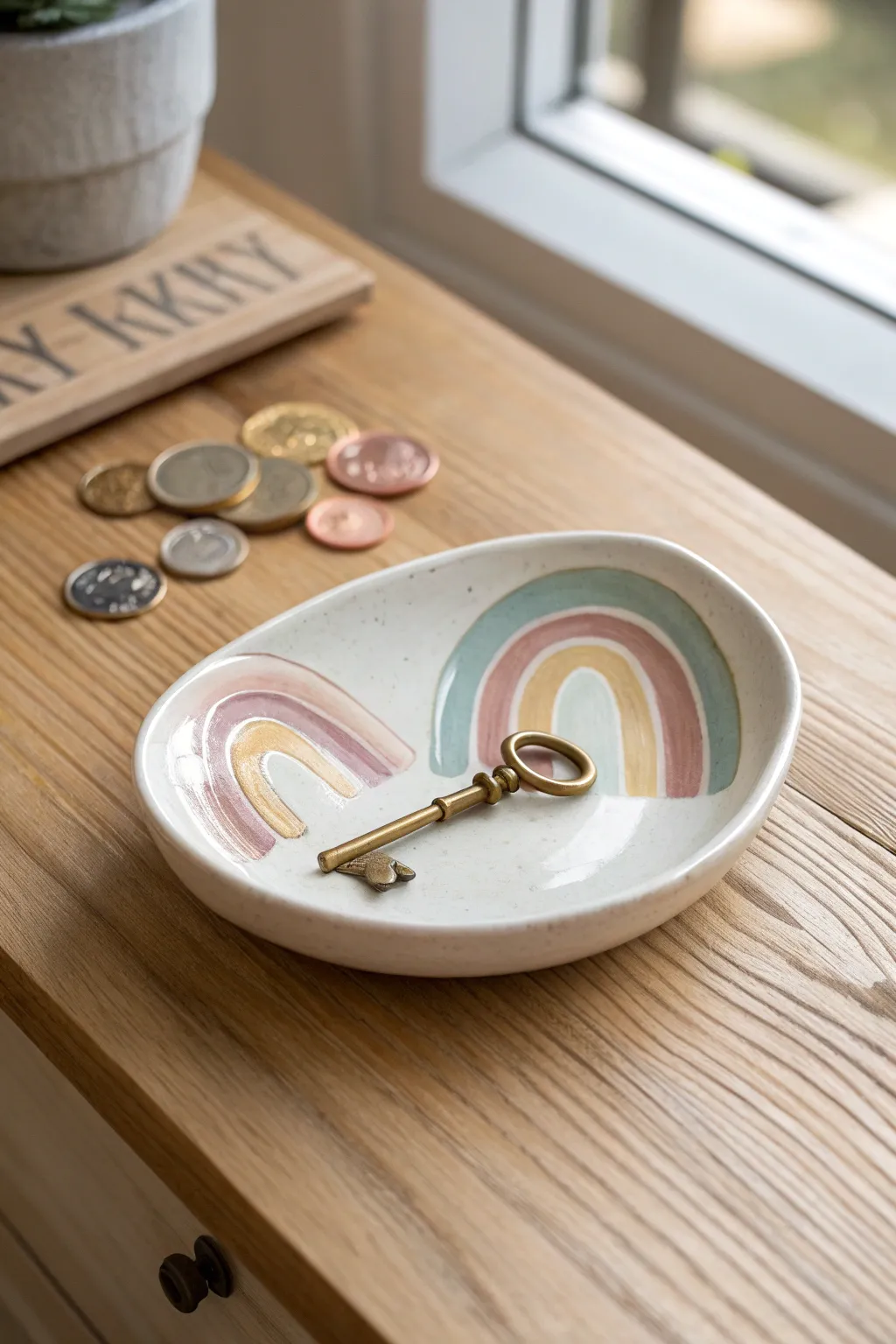 Muted pastel rainbow arch key dish on an entry table, minimal, preppy, and handmade.
