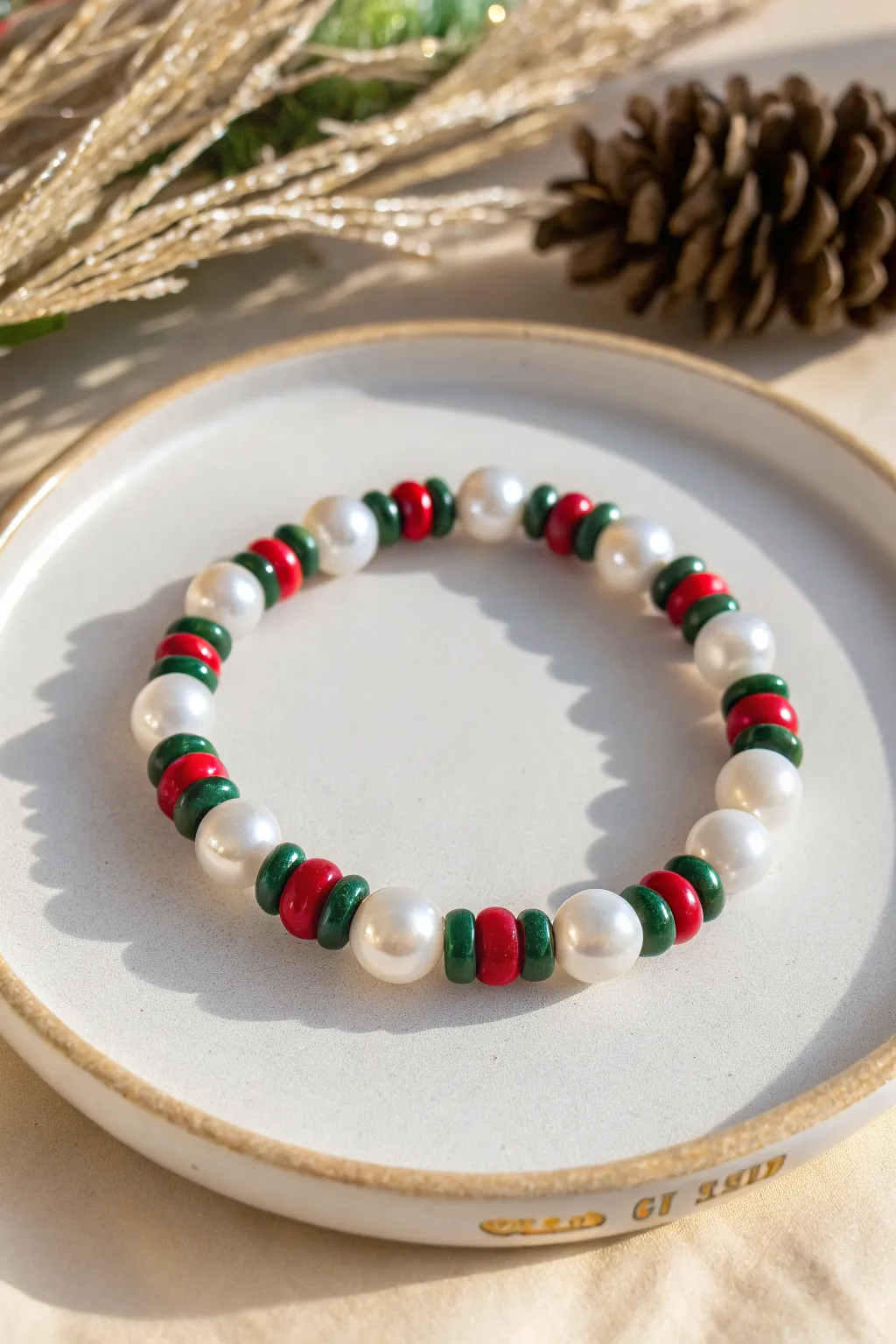 Preppy Christmas bracelet with pearl-like beads and red-green heishi for a crisp, polished look