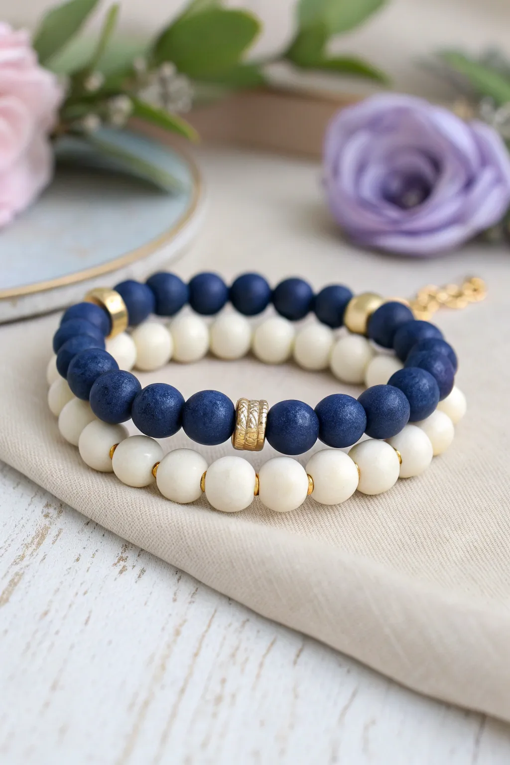 Blueberry and cream clay bead bracelets with gold spacers for a crisp, summery preppy stack