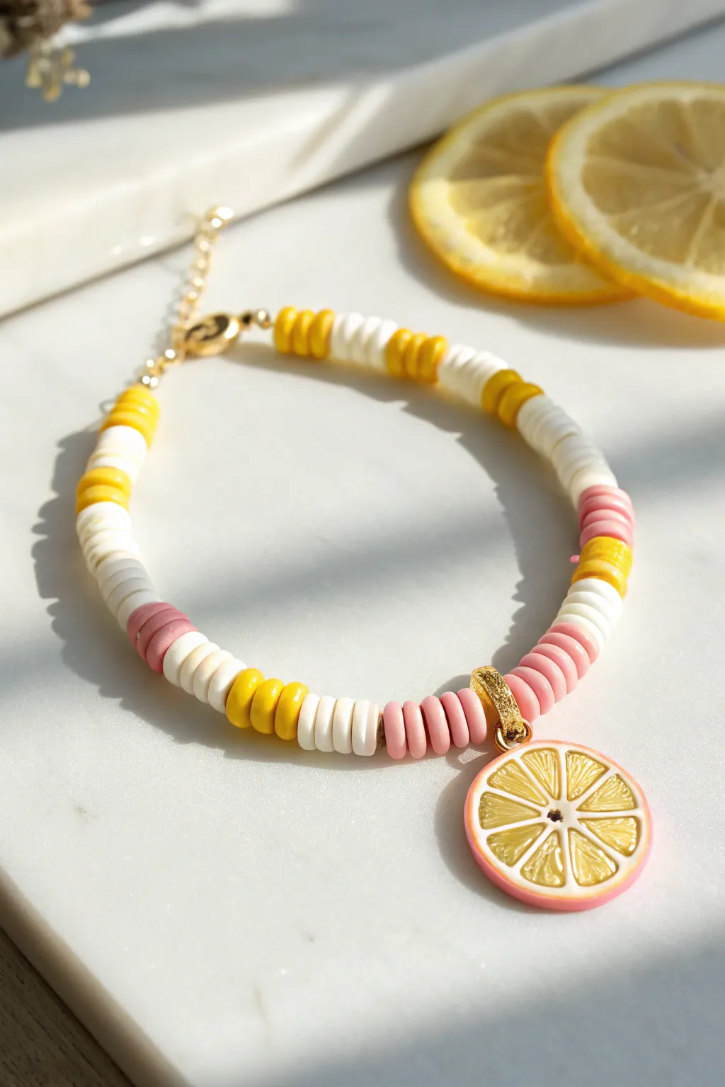 Sunny preppy heishi bracelet with a tiny citrus slice charm in bright yellow, pink, and white.