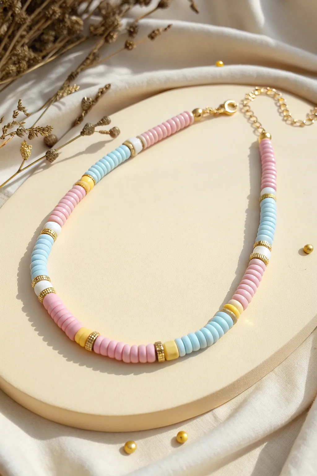 Linked heishi segments with gold jump rings for a clean, preppy necklace texture.