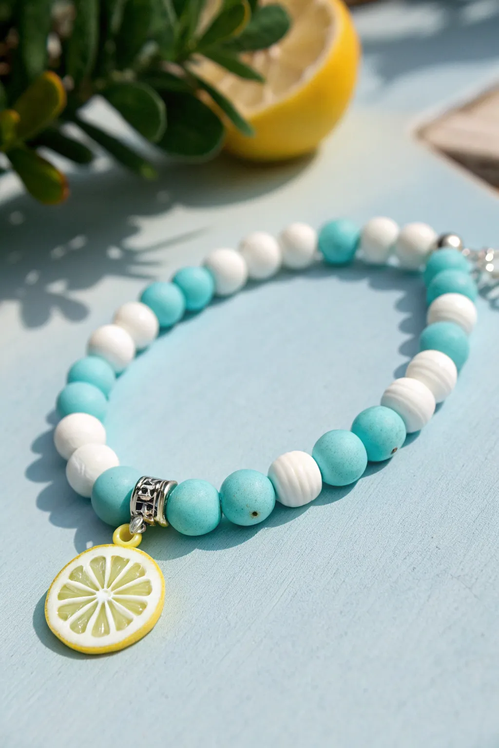 Turquoise and white clay bracelet with a lemon-slice charm for a fresh poolside preppy vibe