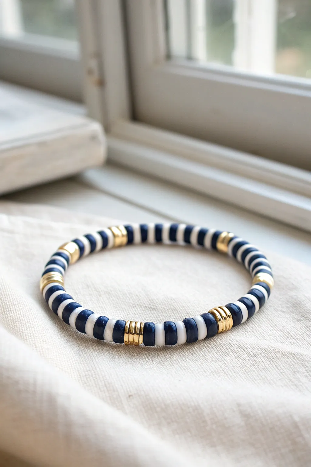 Preppy varsity-stripe heishi bracelet in navy and white, clean minimal look with a boho hint.