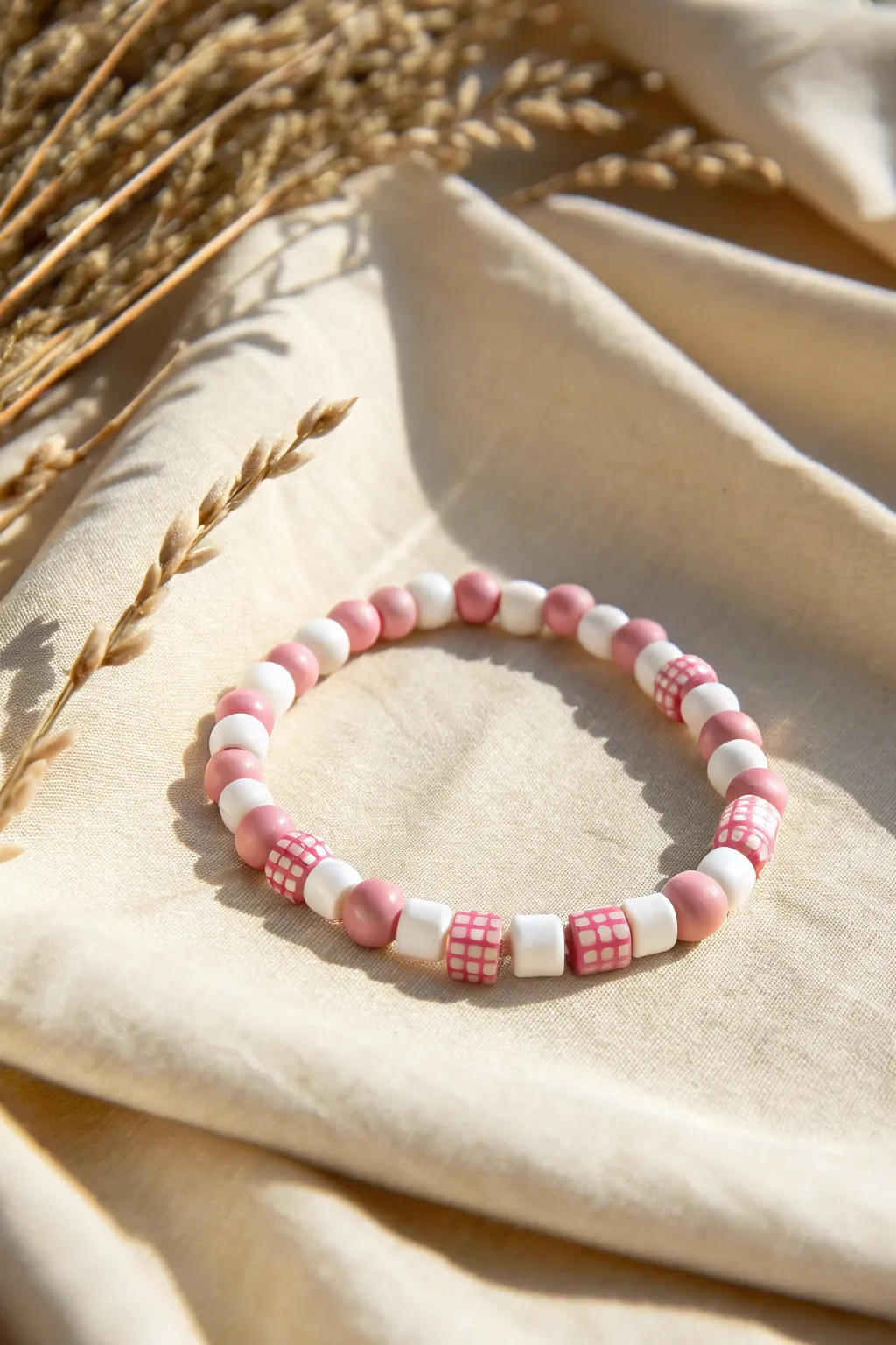 Preppy summer bracelet with pink and white gingham blocks, minimalist and sunlit.