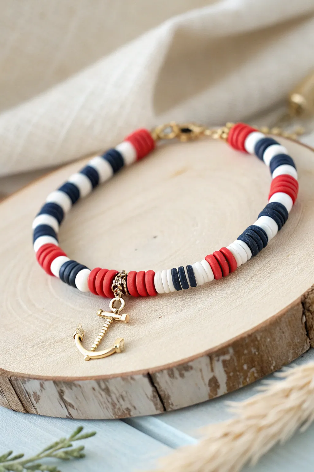 Preppy nautical clay bracelet in navy stripes with a simple anchor charm, clean and cute.
