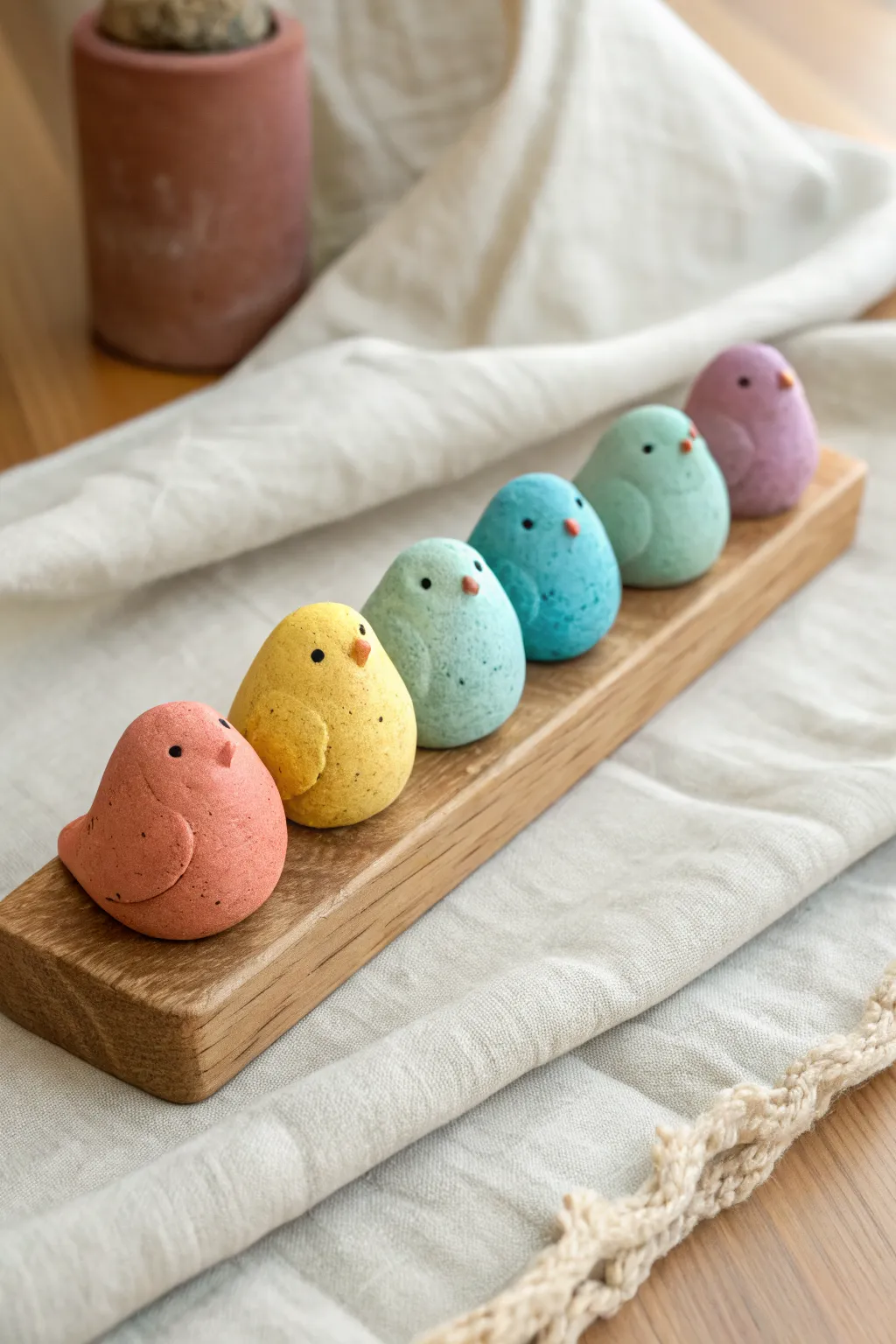 Cheerful thumbprint puffy birds in bright hues, lined up on a minimal clay base.