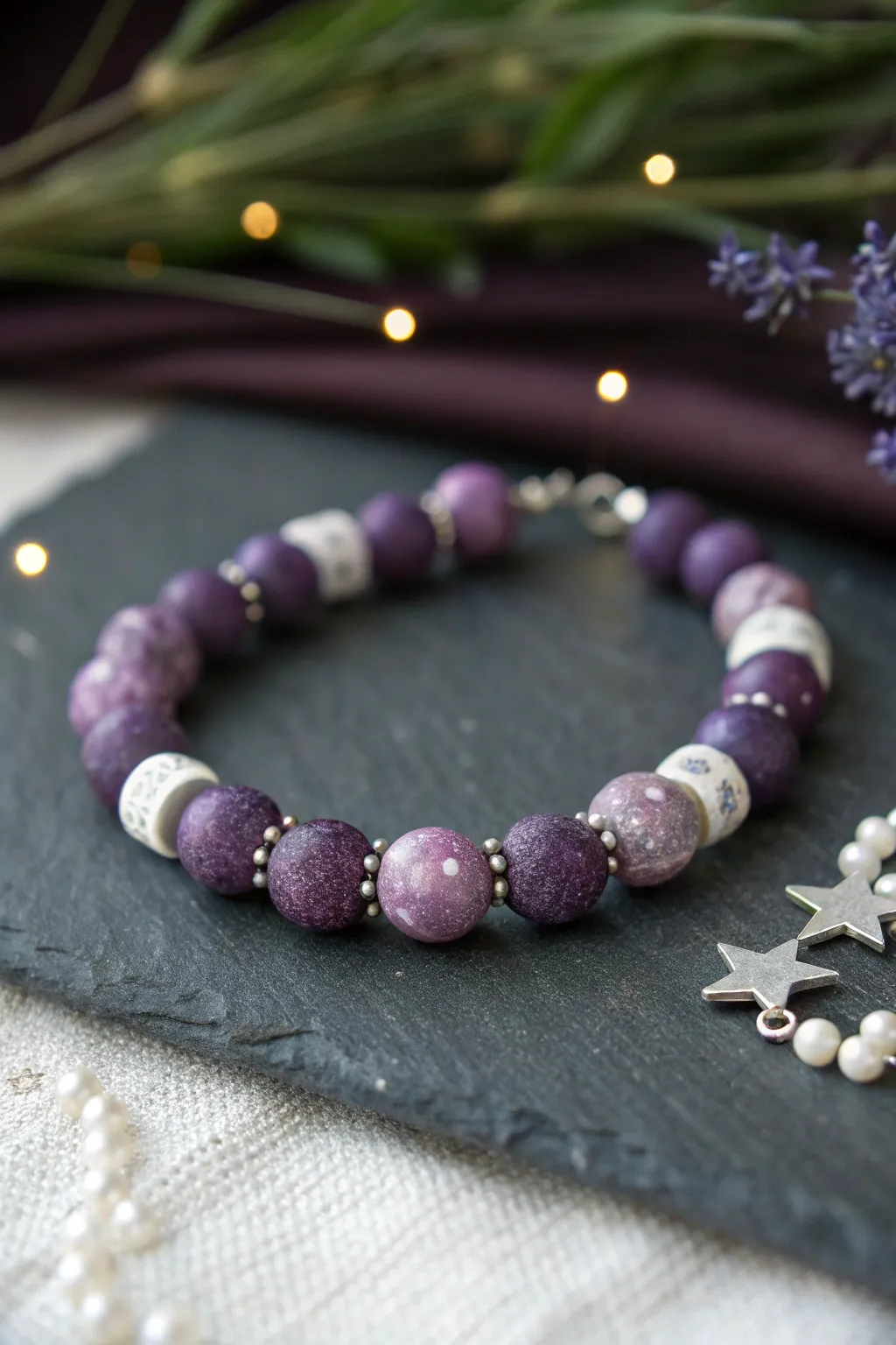 Galaxy purple clay bead bracelet with tiny white star accents, minimal and moody on dark linen.