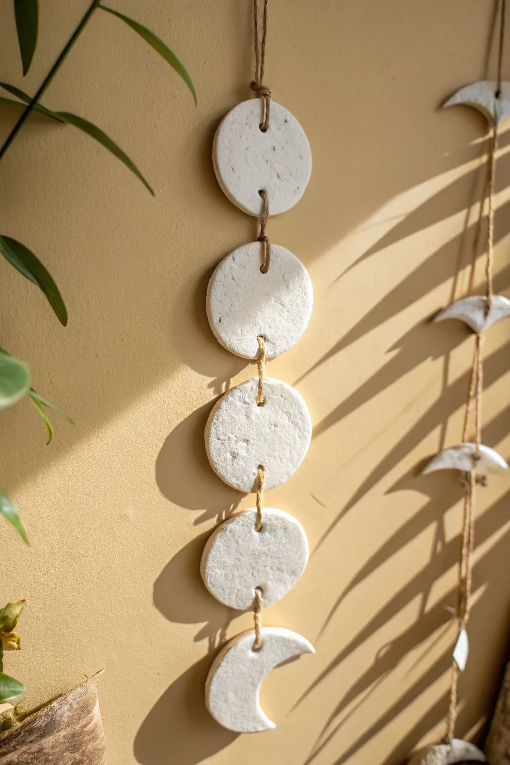 Minimal quick-dry clay moon phase wall hanging with soft boho shadows on a neutral wall
