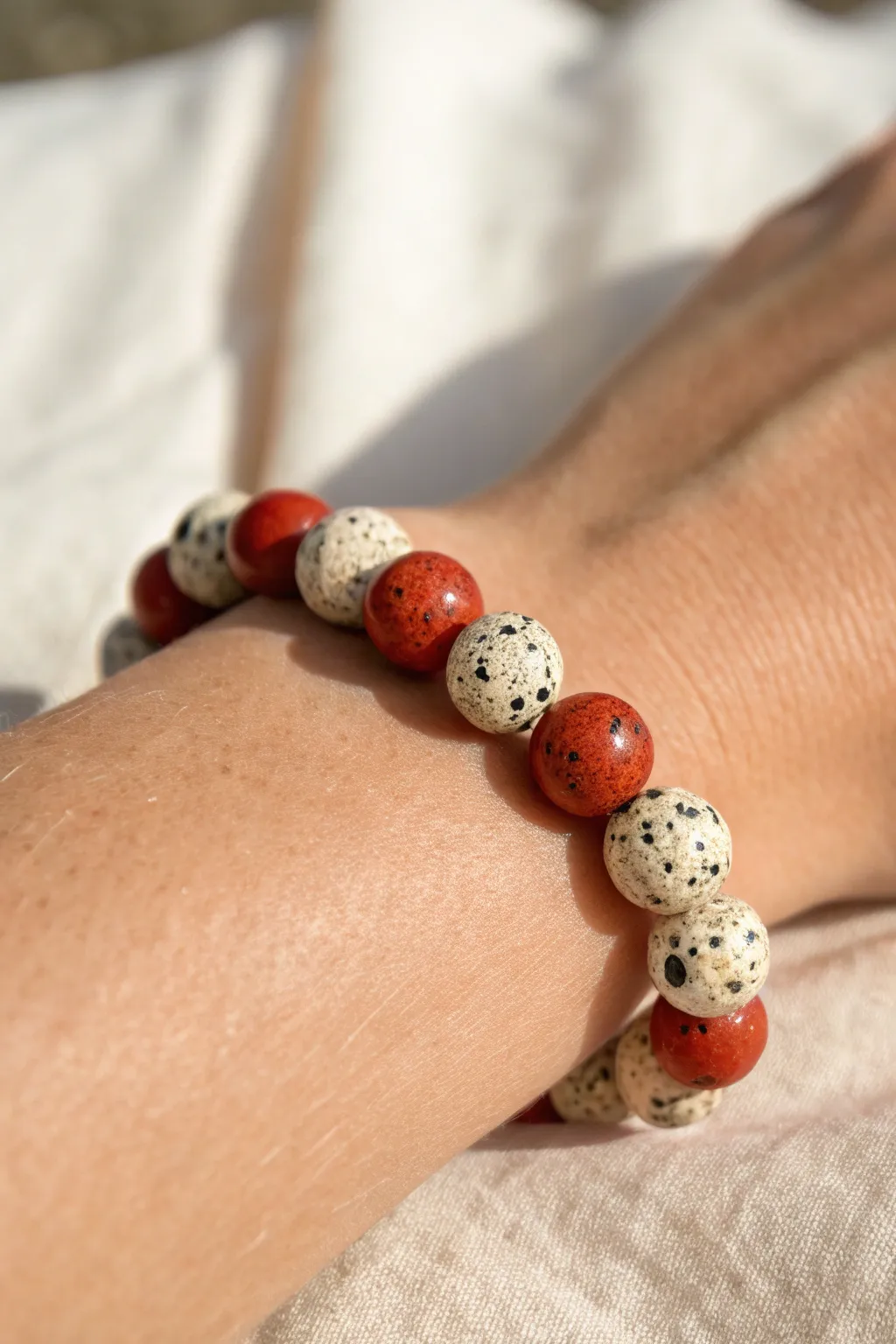 Terrazzo-speckled red clay bead bracelet in minimalist boho style, showing handcrafted detail.