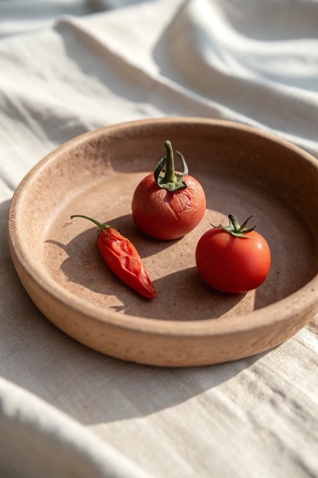Tiny red clay chili and tomato miniatures on a simple plate, minimal and charming garden vibes