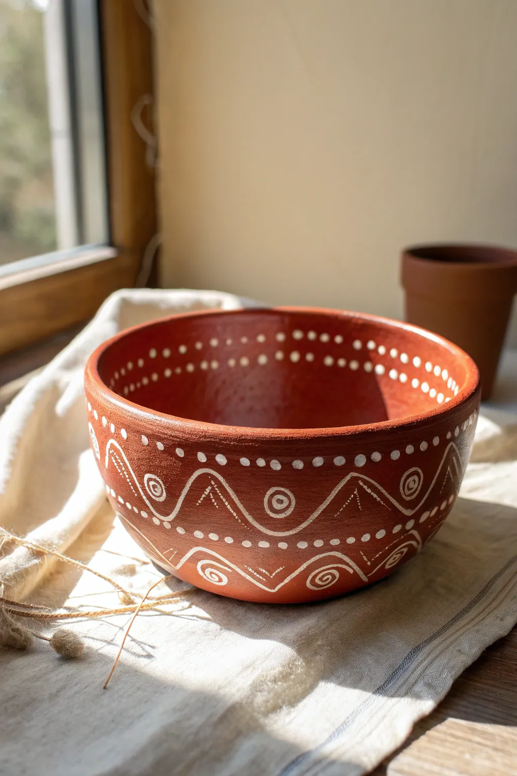 Red clay bowl with raised white slip dots and swirls, minimalist boho texture in bright light