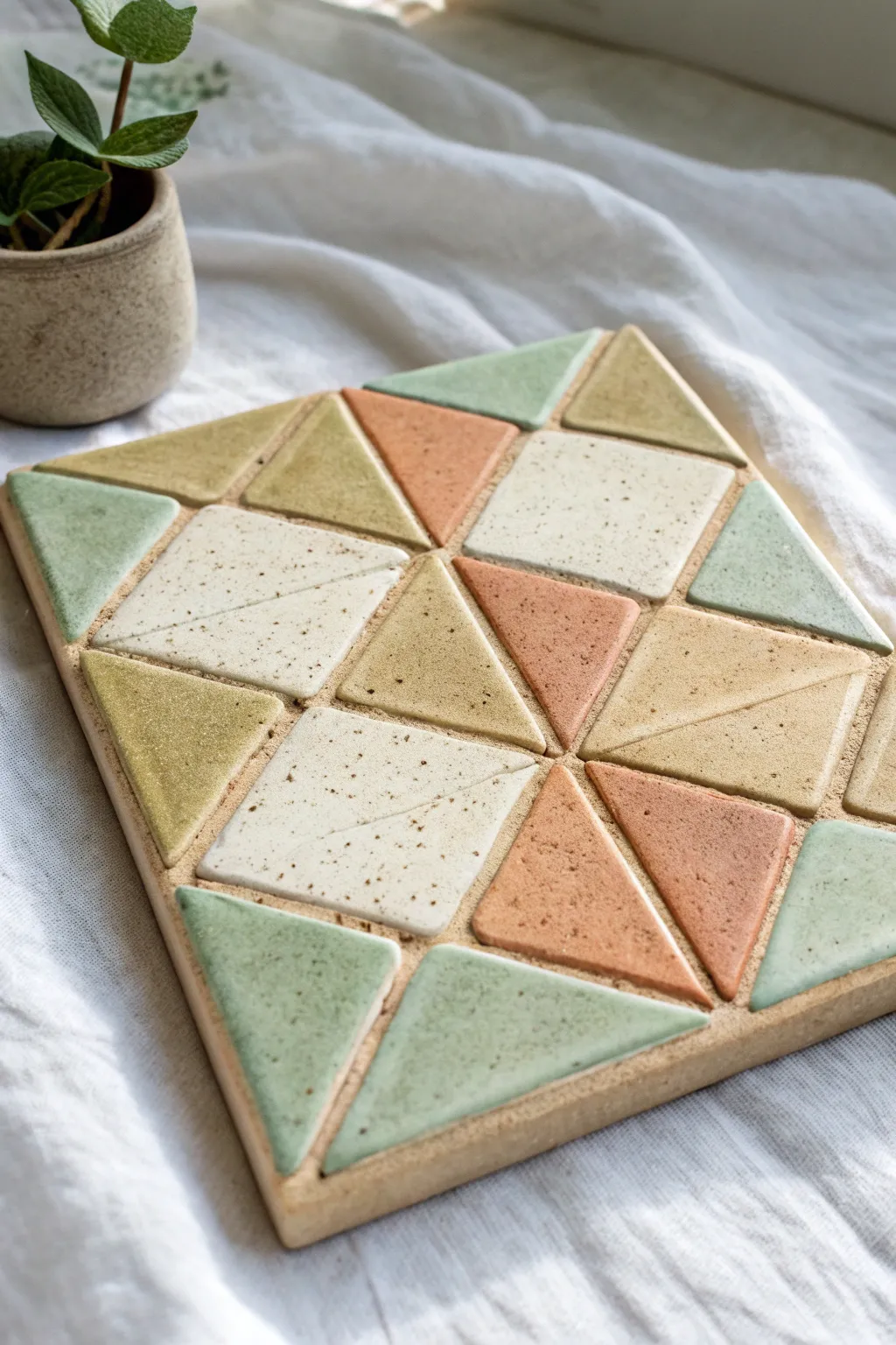 Inlay-look relief tile with crisp raised cells, softly colored glazes, and clean minimalist contrast