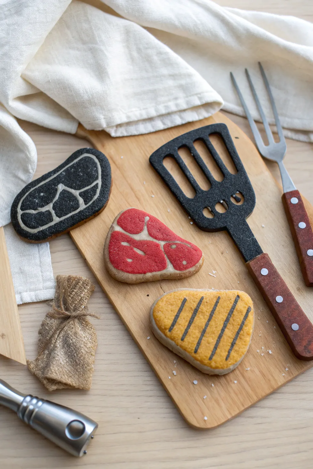 DIY salt dough grill magnets: spatula, tongs and steak in bold colors, perfect for Dad