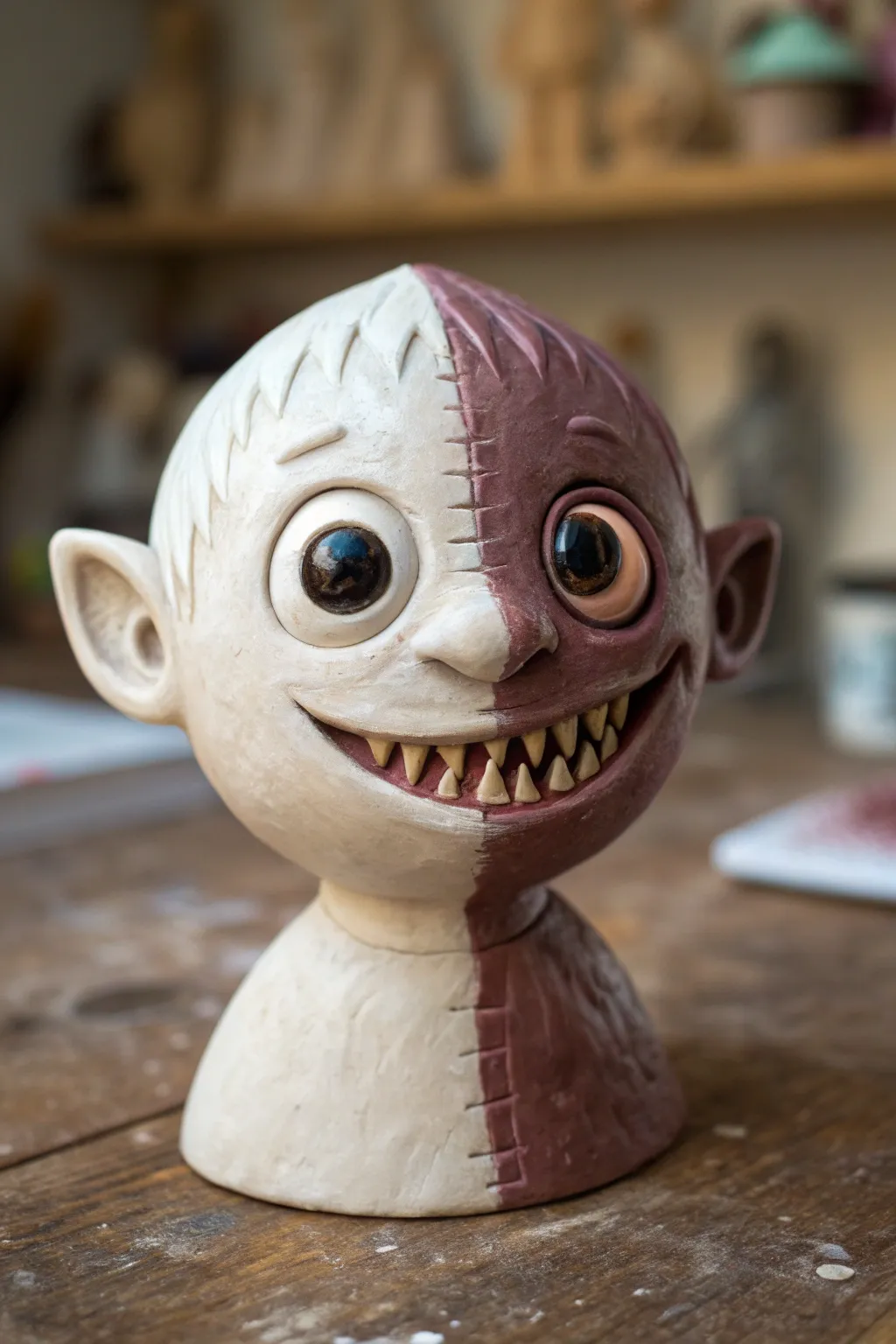 Two-faced split clay monster: half sweet, half snarling, in minimalist Scandinavian tones.