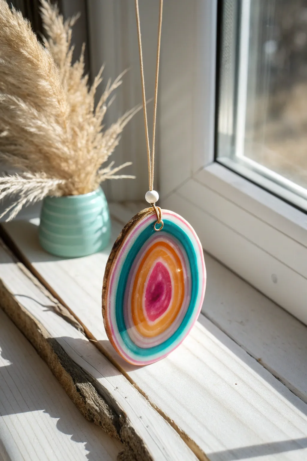 Sunlit faux agate Sculpey ornament with layered color, minimalist boho decor, crisp focus.