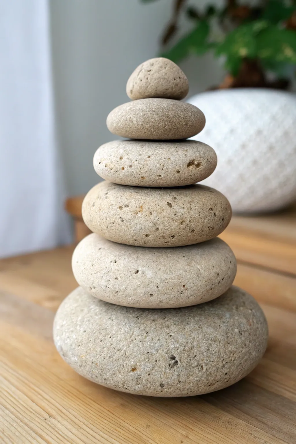 Minimal clay cairn with stone-like texture, softly lit in a calm Scandinavian setting