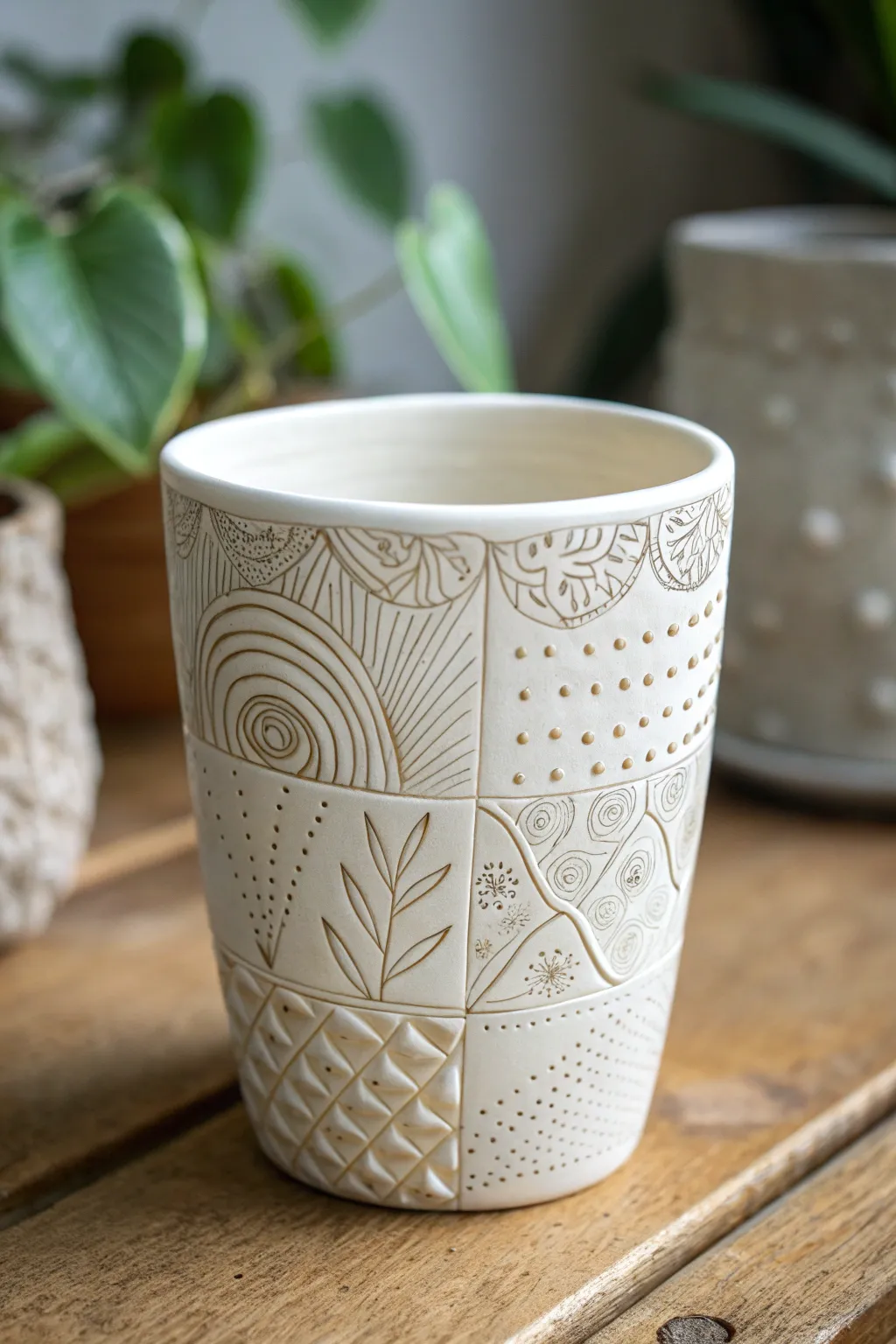 Zentangle-inspired sgraffito cup with simple doodle panels, crisp lines, soft Nordic light