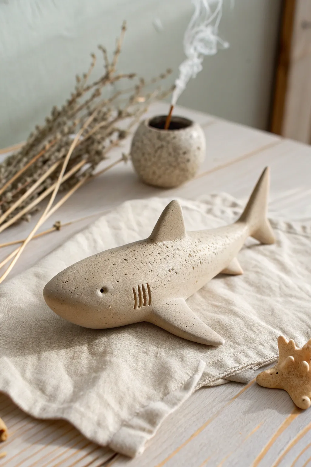Minimal clay shark incense holder with a tail groove, calm Scandinavian style with boho warmth