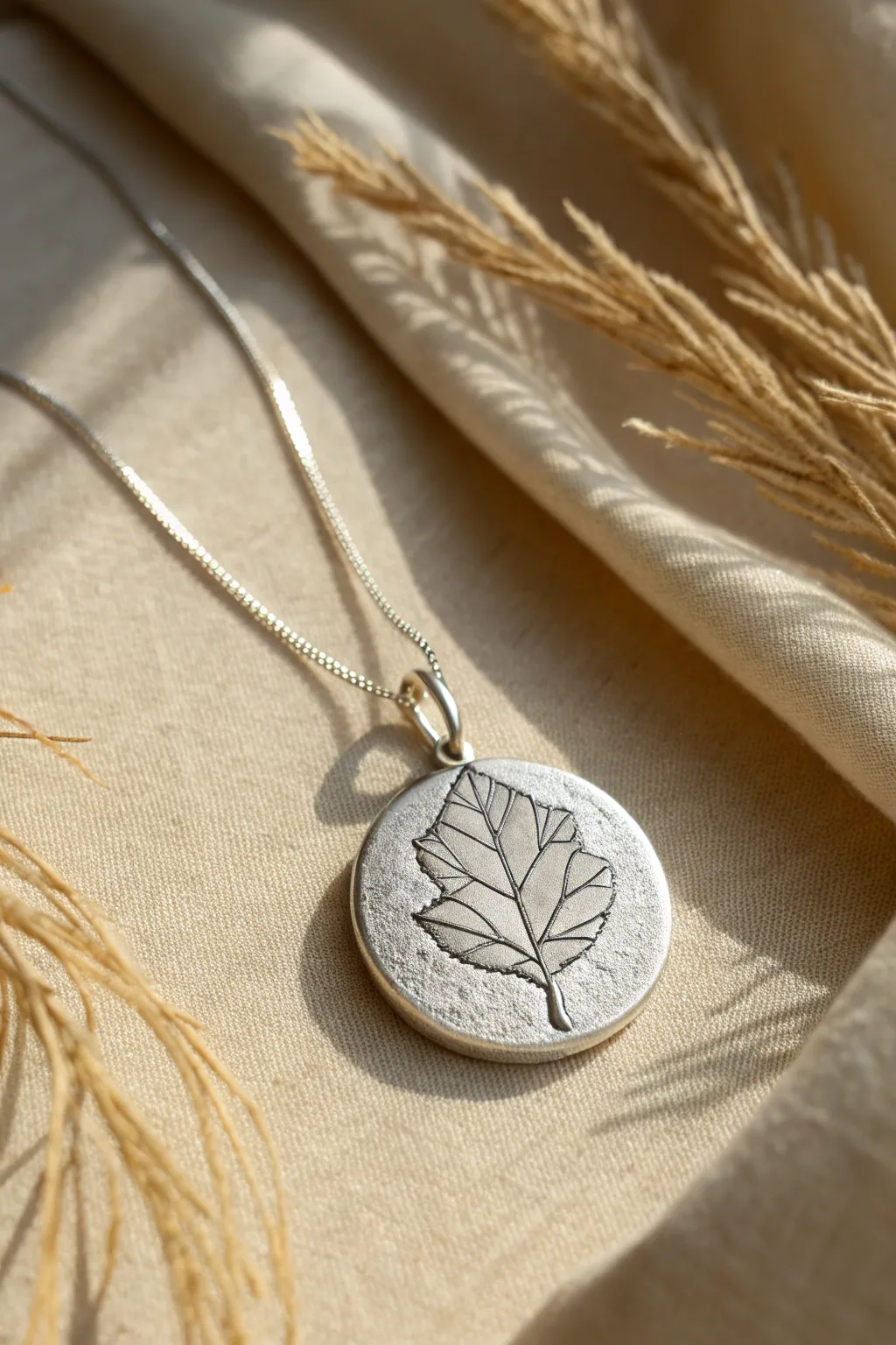 Minimal silver clay botanical pendant with hidden bail, clean lines, and warm Scandinavian styling