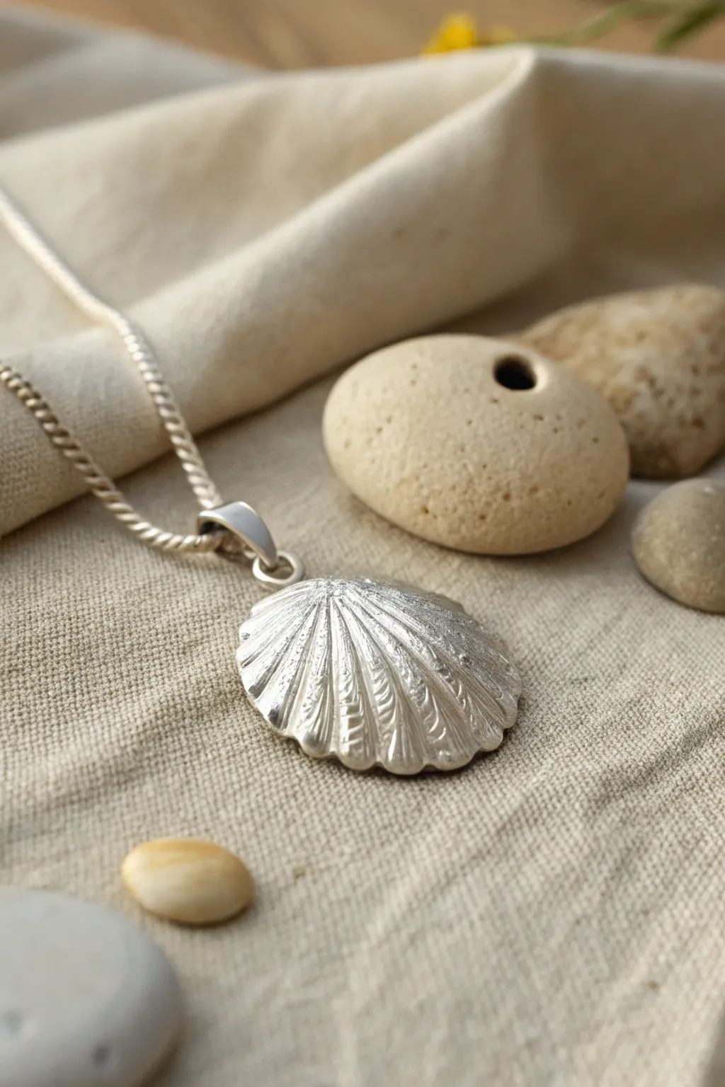 Ruffled-edge silver clay pebble pendant with a soft matte glow, simple and nature-inspired.