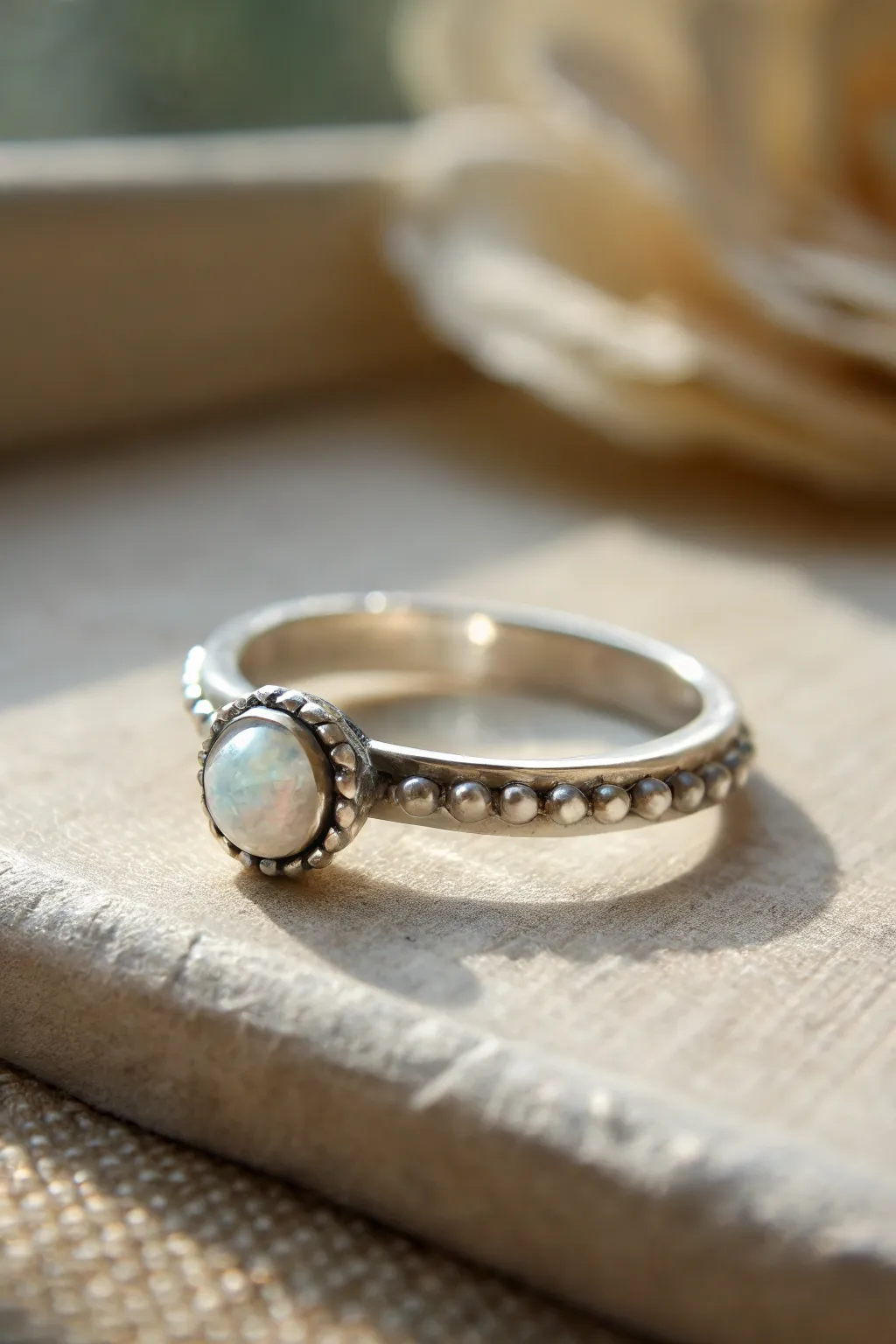 Minimal silver clay ring with tiny dot bezel accents and a single stone, easy DIY inspiration.