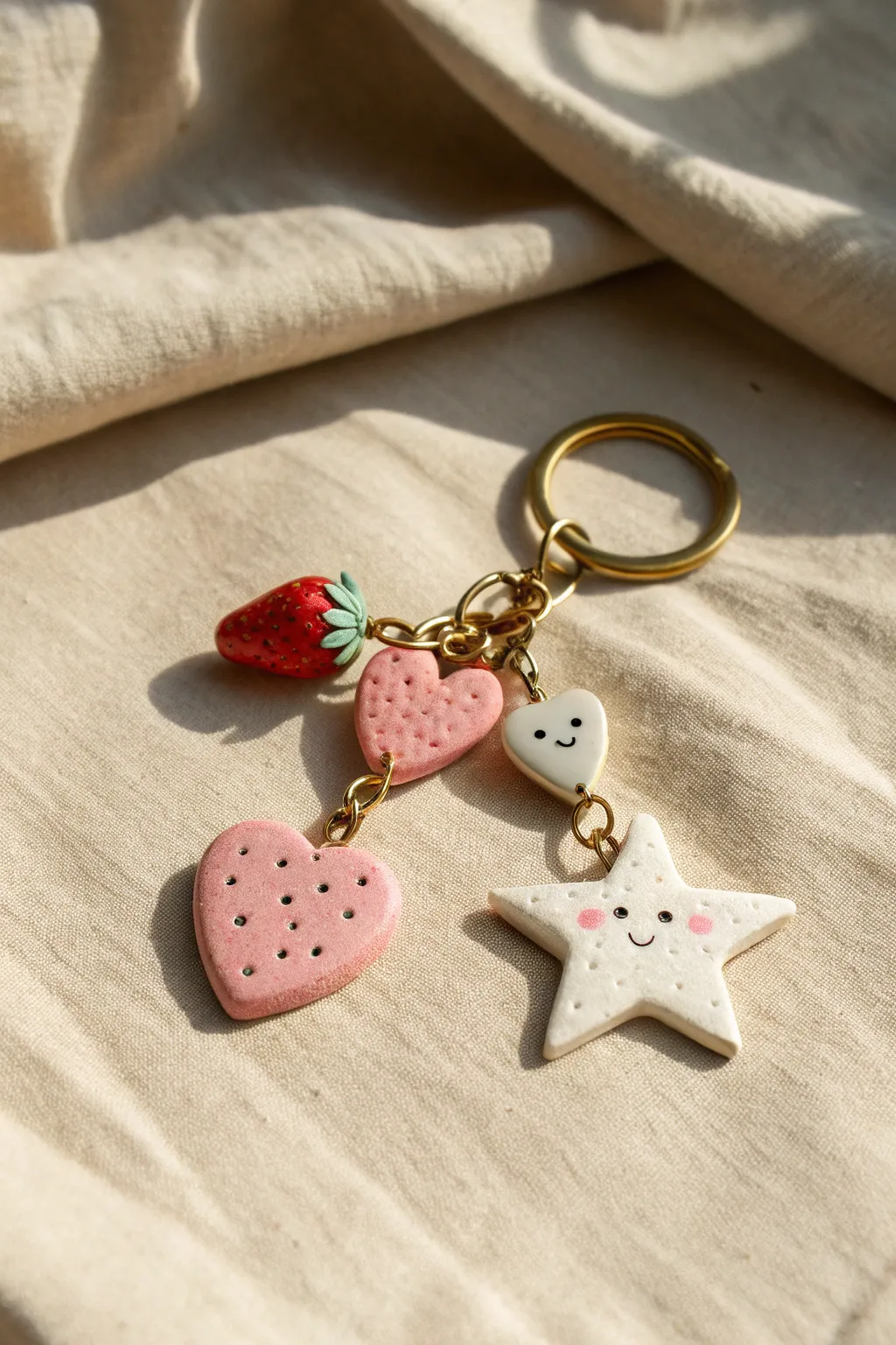 Sweet air-dry clay charm keychain with strawberry, heart, and star details on a neutral backdrop