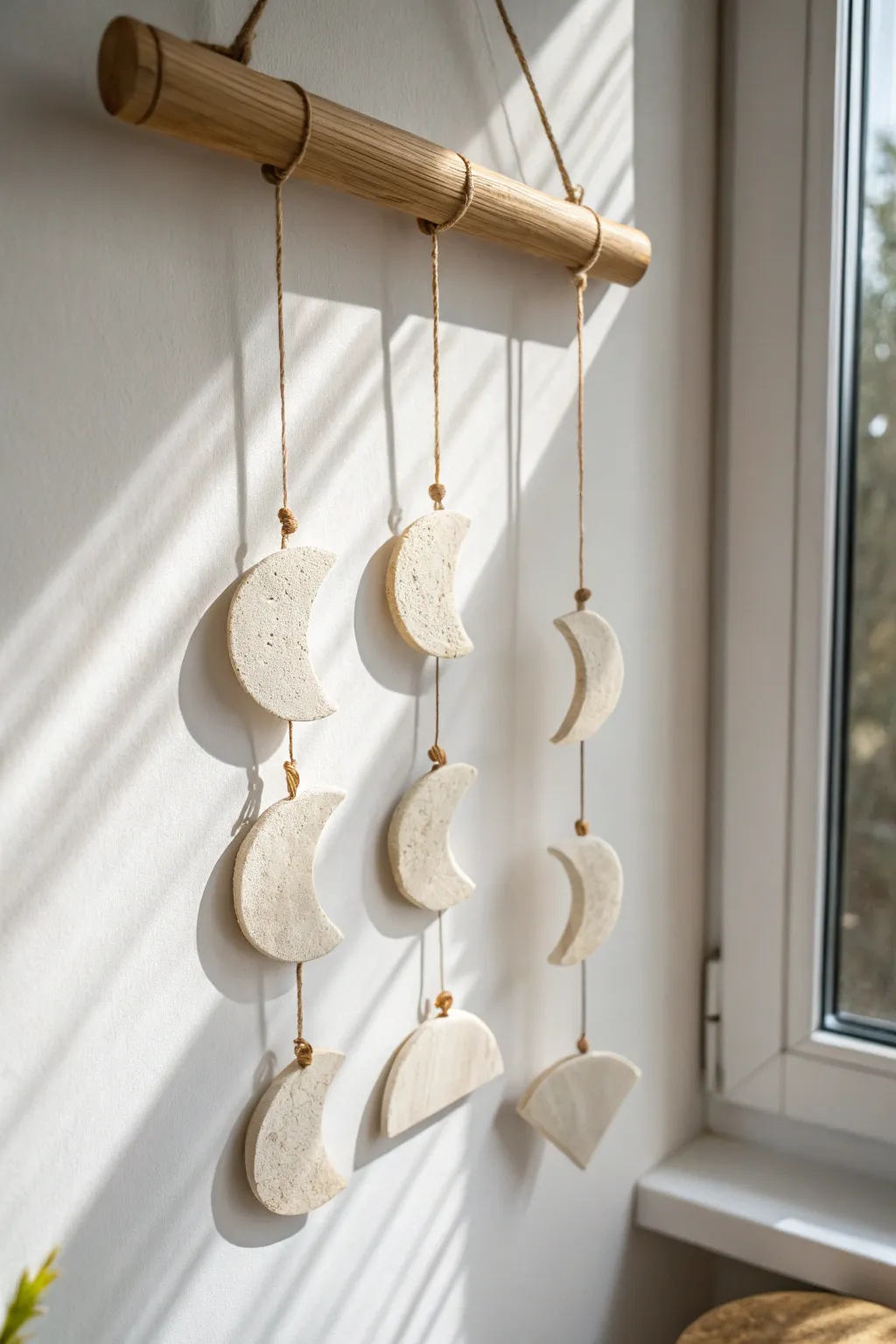 Minimal moon phase clay wall hanging in soft neutrals, perfect for a calm boho Scandinavian vibe