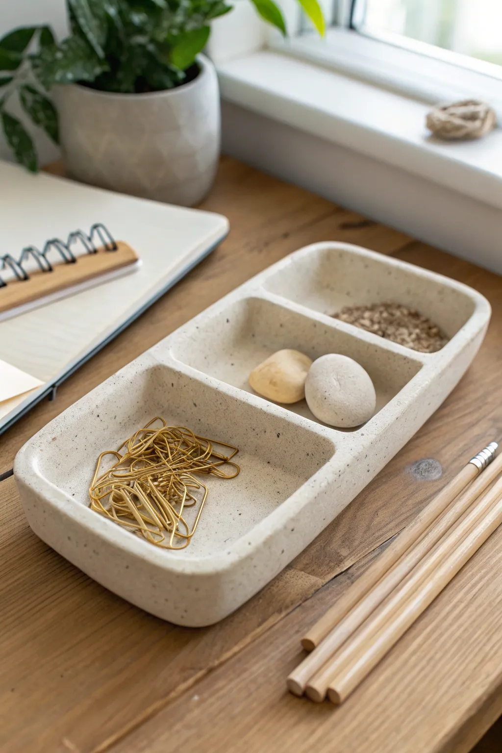 No-fuss air-dry clay desk tray with simple sections for clips and tiny essentials, clean and calm