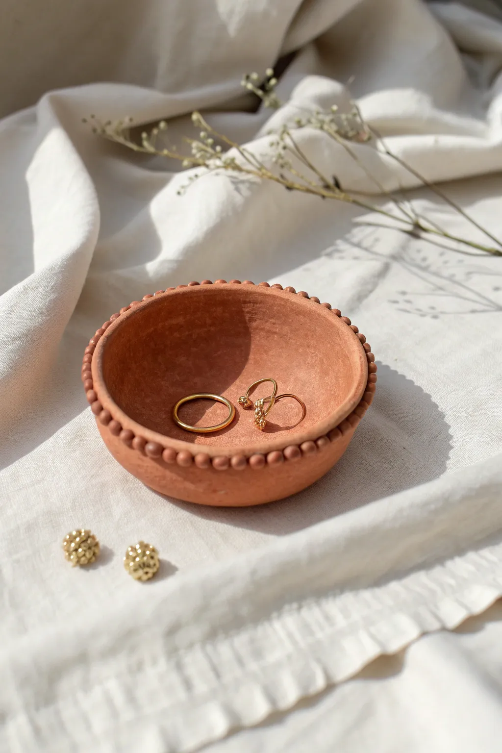 Beginner-friendly beaded-rim trinket bowl in matte clay, perfect for holding your earrings