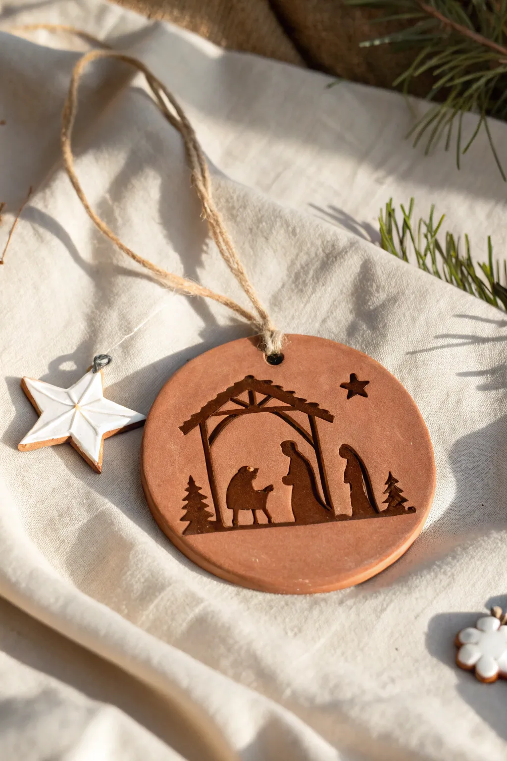 Simple nativity silhouette clay ornament in warm terracotta, minimalist Scandinavian boho style