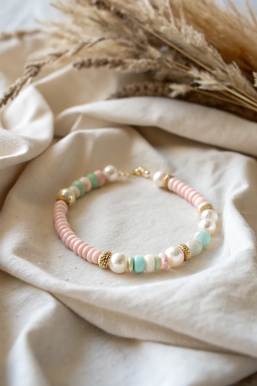 Pearl-accent clay bead bracelet with pastel heishi beads, softly lit on linen for dreamy minimal style.