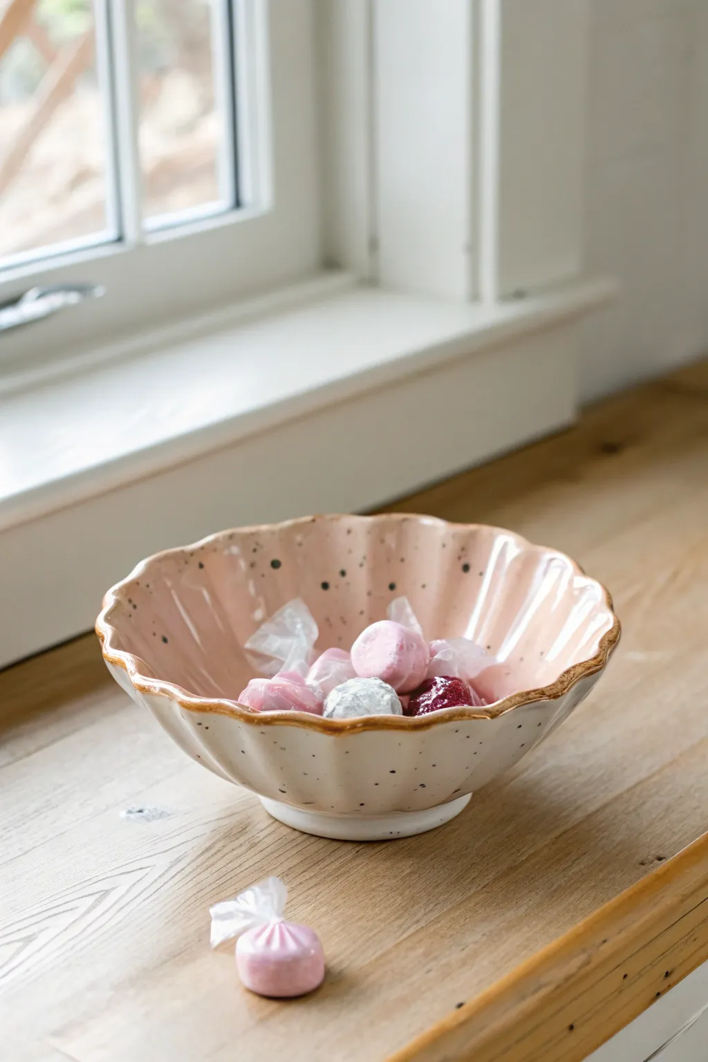 Scalloped rim pastel dessert bowl, sweetly styled with a few wrapped candies for scale.