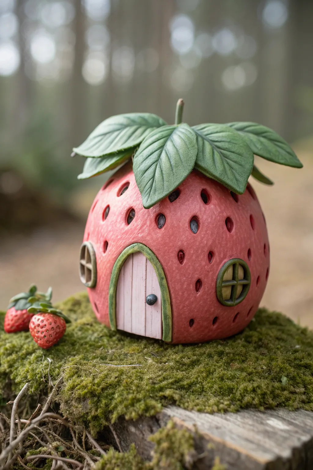 Sweet strawberry clay fairy house with leafy roof, minimal boho styling on mossy base.
