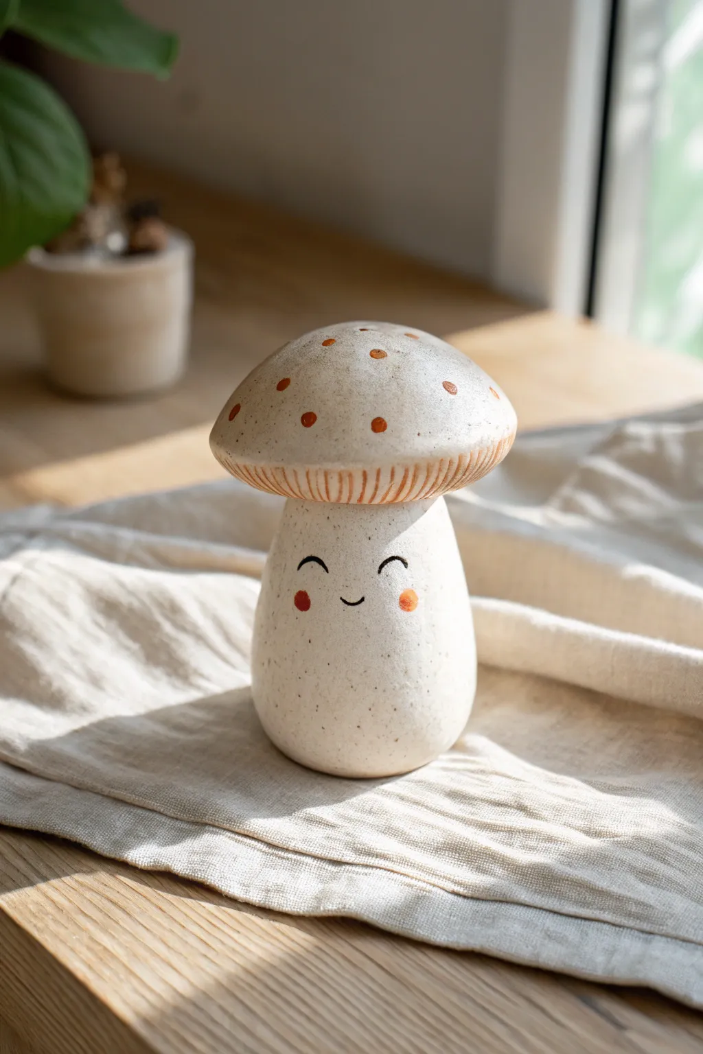 A calm little mushroom person figurine with minimal features and cozy Scandinavian charm
