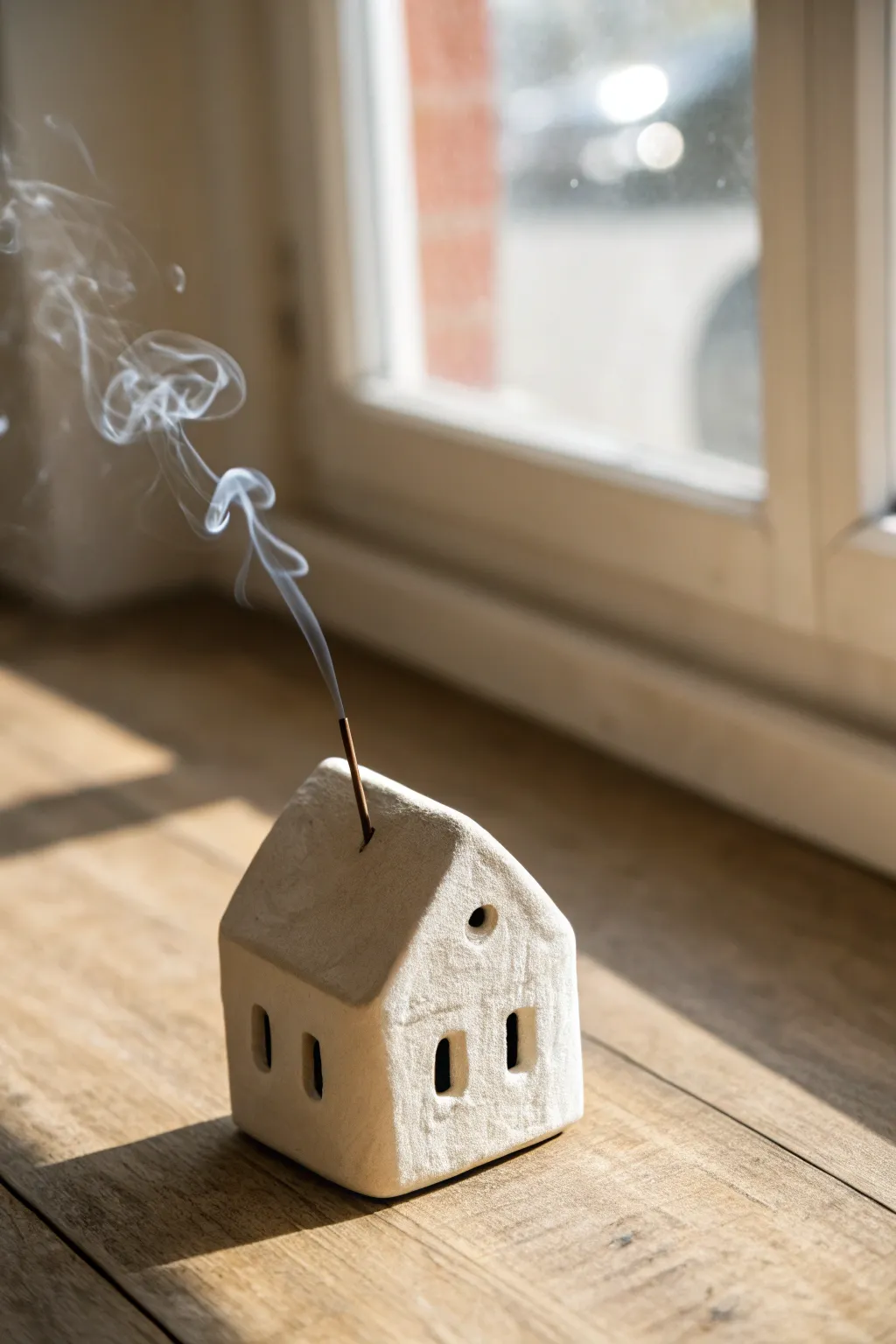 Simple clay house incense holder with chimney, soft smoke, and warm Nordic minimal styling.