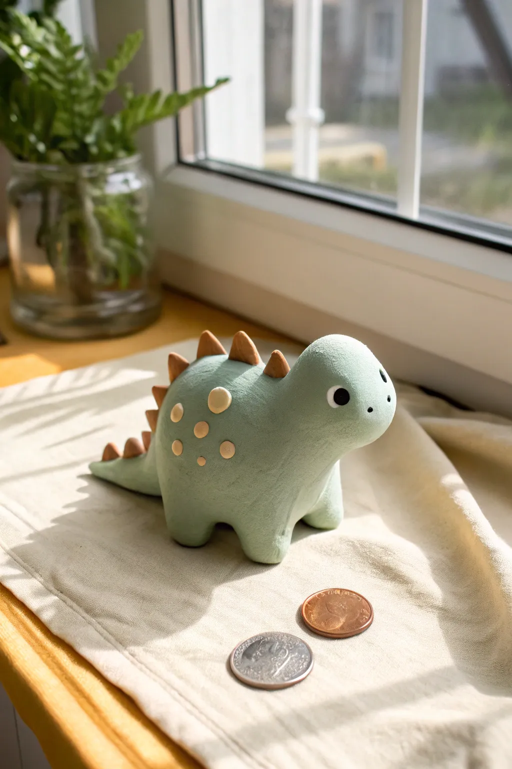 Chunky pastel mini dino figurine idea: simple clay project with cute spikes and dot eyes.