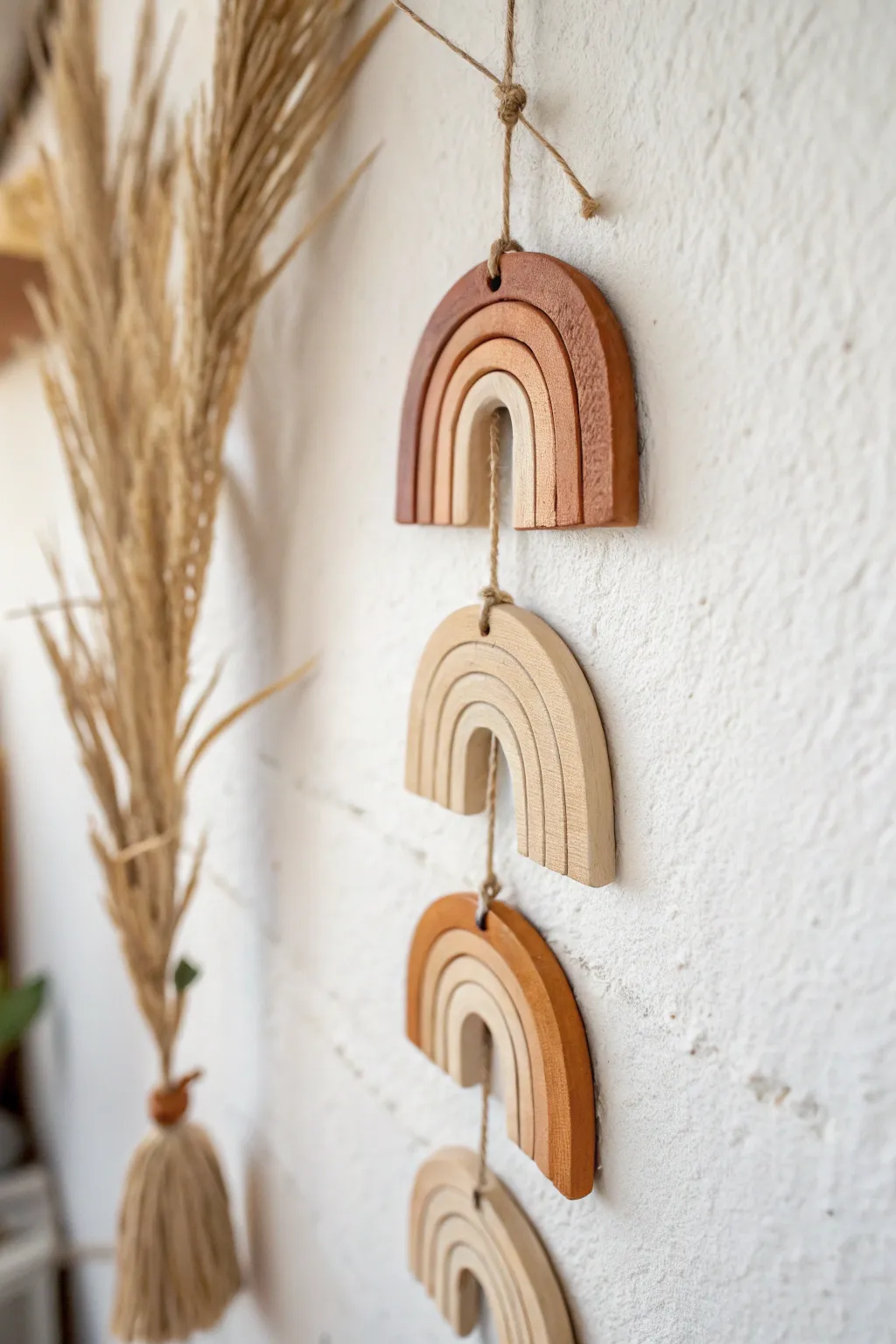 Minimal boho clay wall hanging in warm neutrals, easy shapes that elevate any calm space.