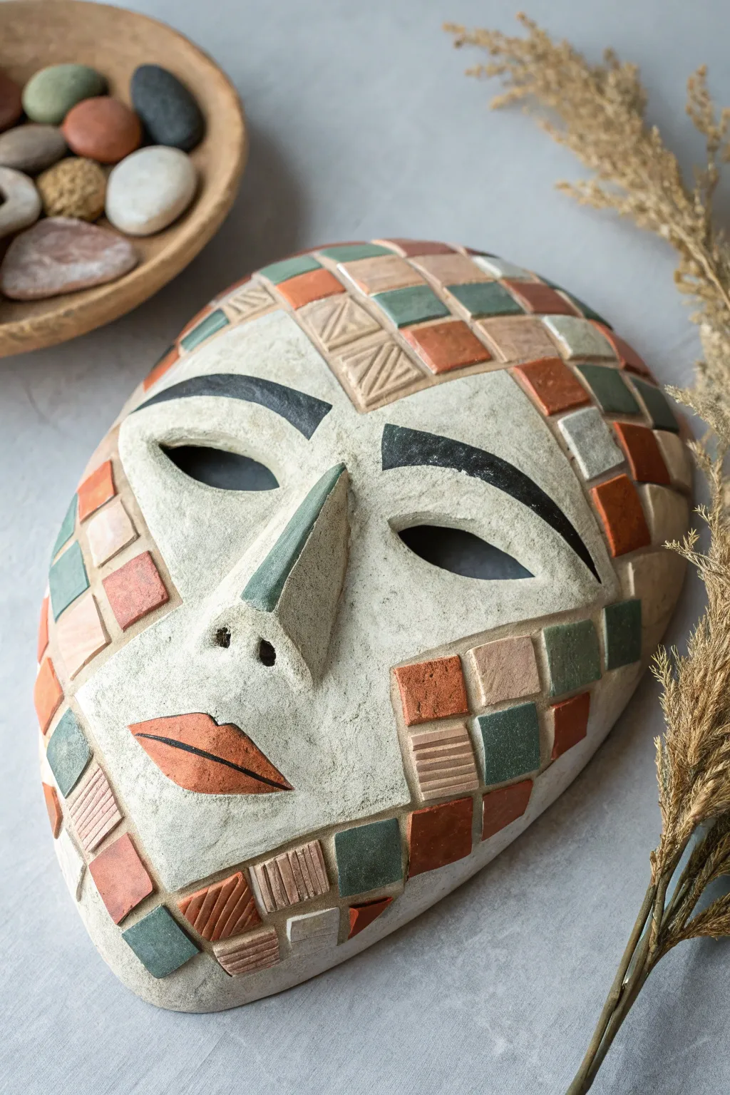 Minimal patchwork mosaic clay mask in soft neutrals, a simple DIY statement piece.