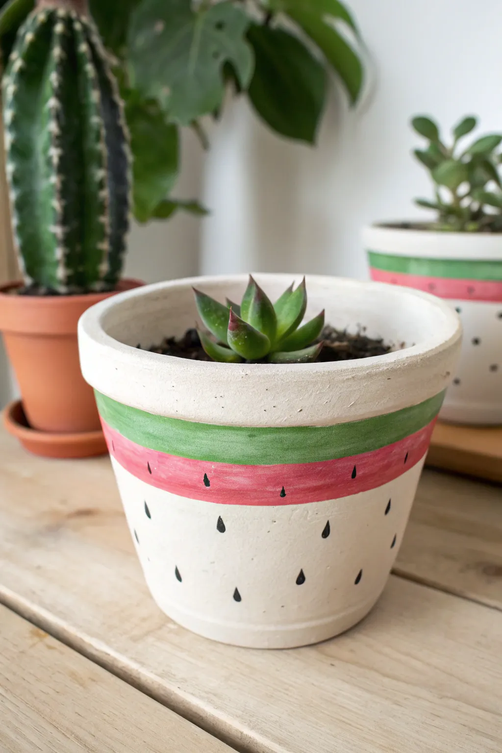 Watermelon rim band pot: simple summer stripes and seeds for an easy, cheerful clay refresh.