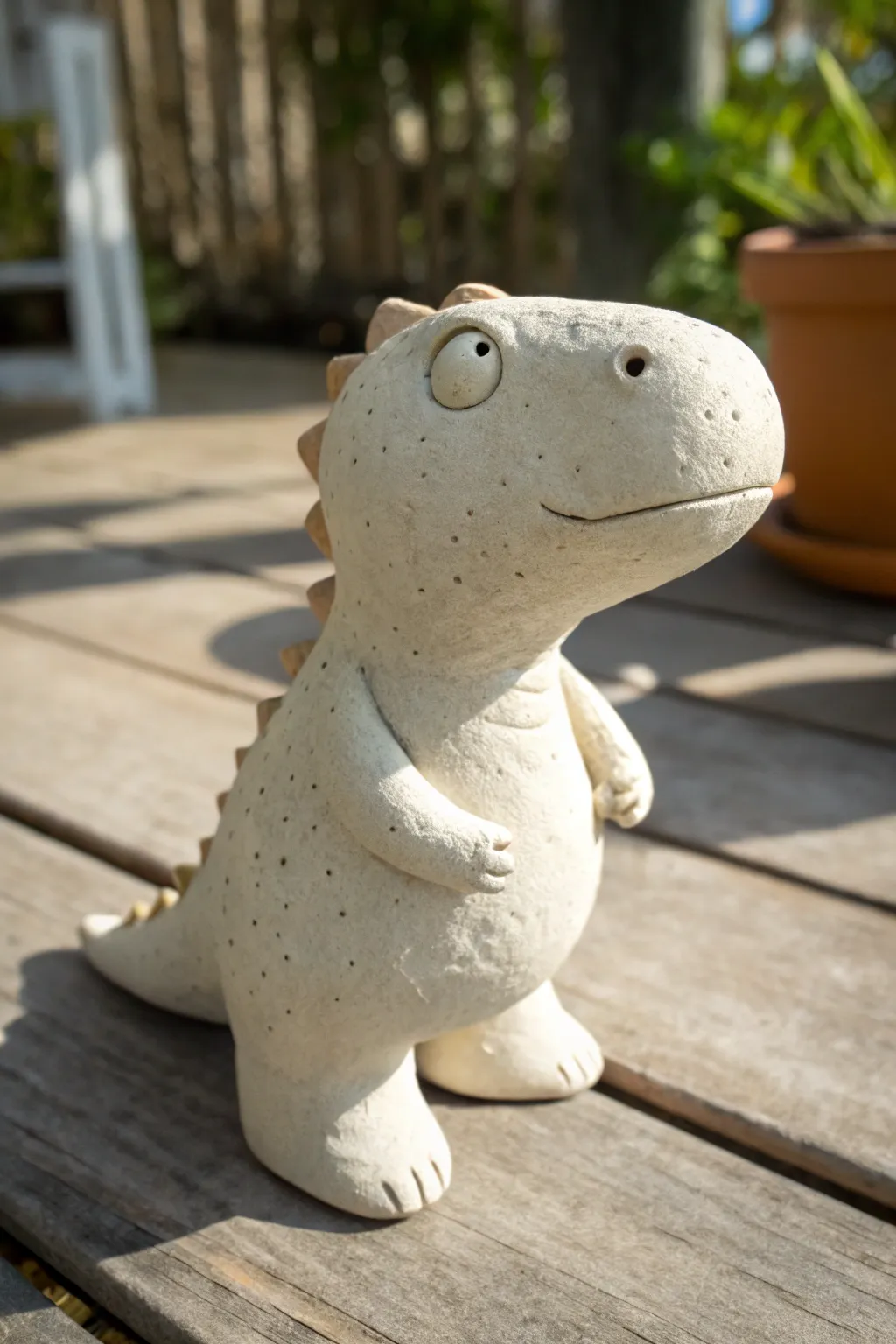 Pocket-sized clay dinosaur with a big head and simple details, cute, sturdy, and beginner-friendly.