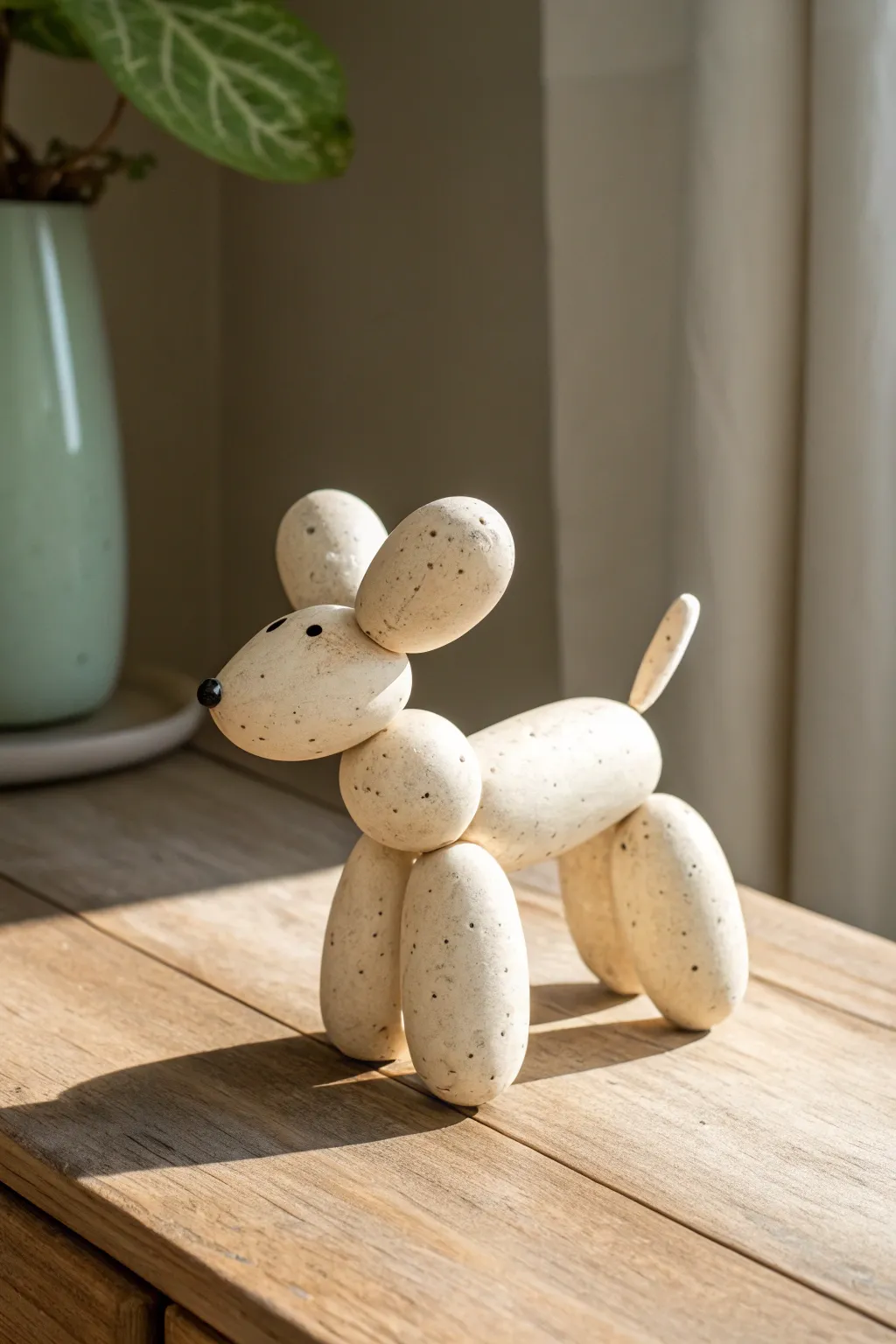 Smooth balloon-style clay puppy, simple shapes and soft contrast for beginner-friendly sculpting